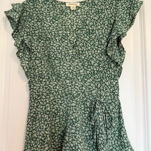 Green Floral Ruffle Sleeve Blouse